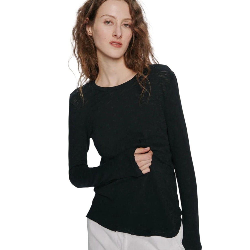 ATM Womens Long Sleeve Slub Jersey Destroyed Wash Tee Sz XS Black 100% Cotton